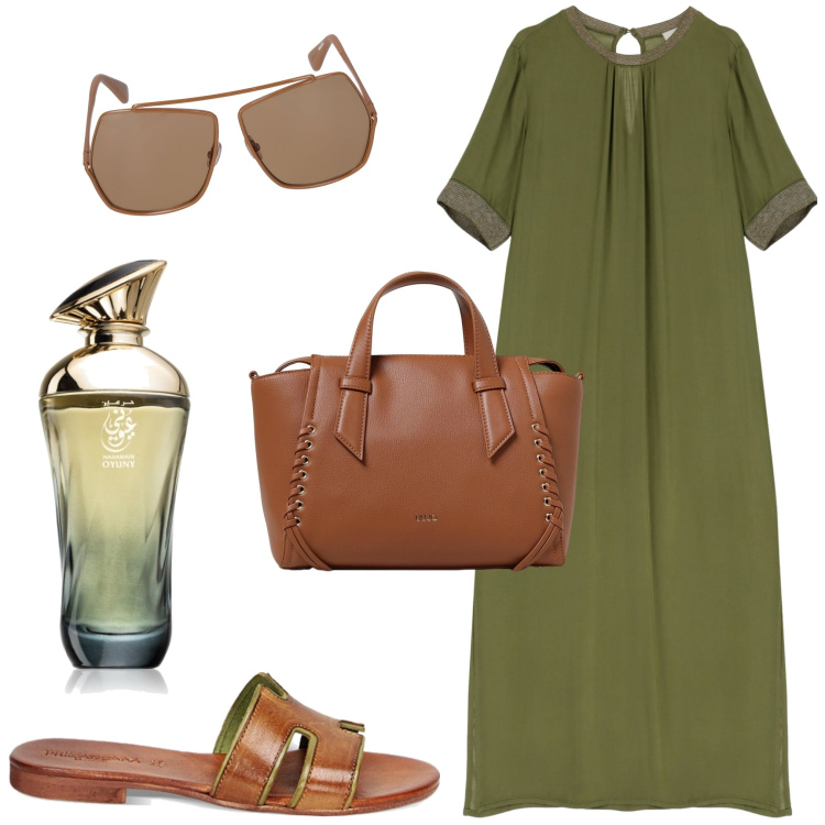 Outfit donna - In ufficio. Stile Casual chic per Ufficio. Abbinamento con profumi, sandali, vestiti lunghi, occhiali da sole, borse a mano.