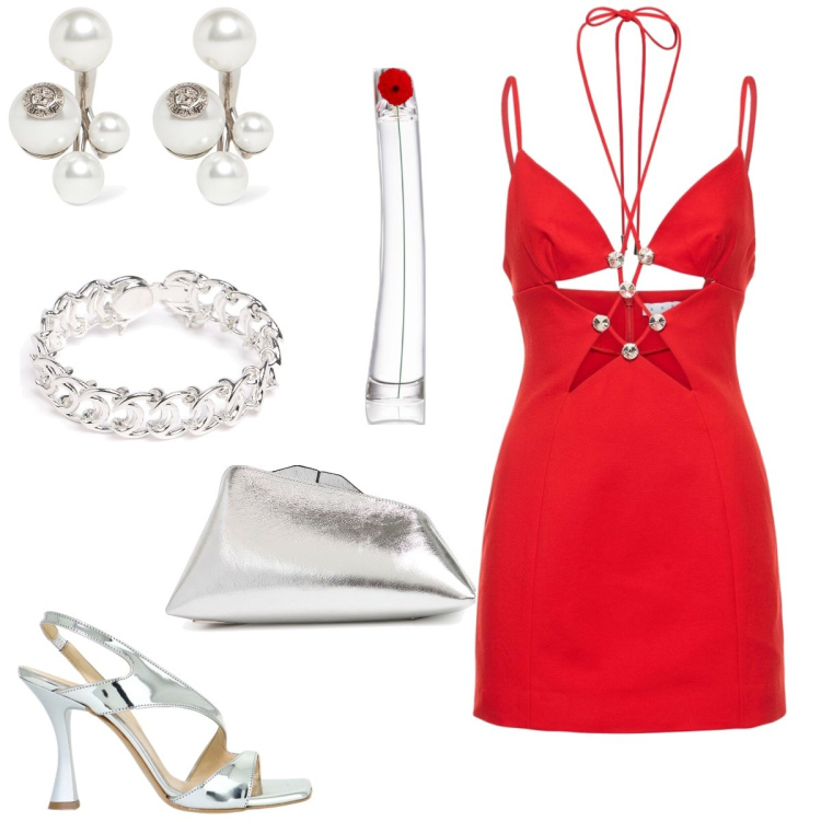 Outfit donna - Total look #1914047. Stile Sexy per Serata fuori. Abbinamento con profumi, sandali in pelle, vestiti, pochette, braccialetti, orecchini.