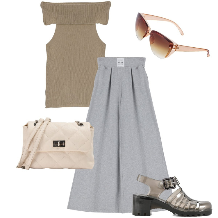 Outfit donna - Le ragno bon ton. Stile Bon Ton per Tutti i giorni. Abbinamento con occhiali da sole, top, borse a spalla, pantaloni a palazzo, sandali col tacco.