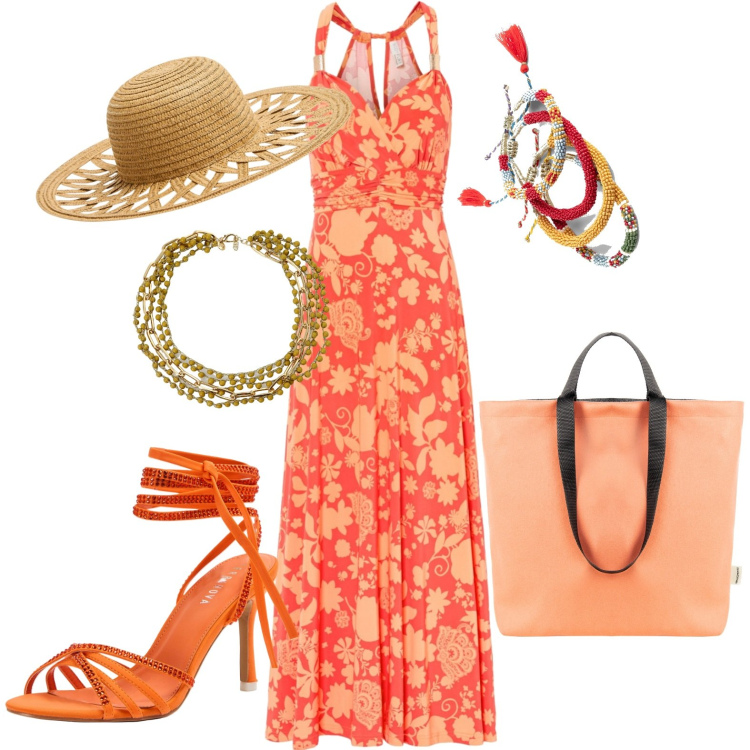 Outfit donna - Total look #1914067. Stile Romantica per Tutti i giorni. Abbinamento con vestiti lunghi, braccialetti, sandali alla schiava, cappelli, borse tote, collane.