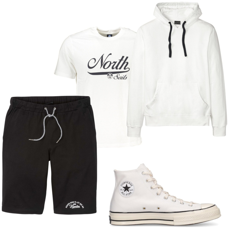 Outfit uomo - Shorts e felpa. Stile Casual per Sport. Abbinamento con bermuda, felpe con cappuccio, sneakers, t-shirt.