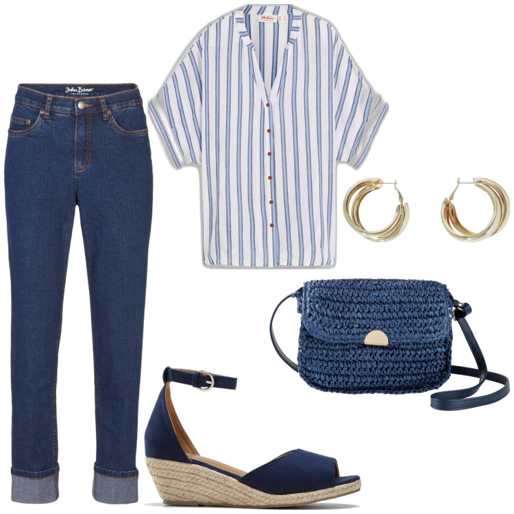 Outfit donna - Serata in pizzeria con le amiche. Stile Casual per Serata fuori. Abbinamento con camicie, borse a tracolla, sandali, jeans boyfriend, orecchini.