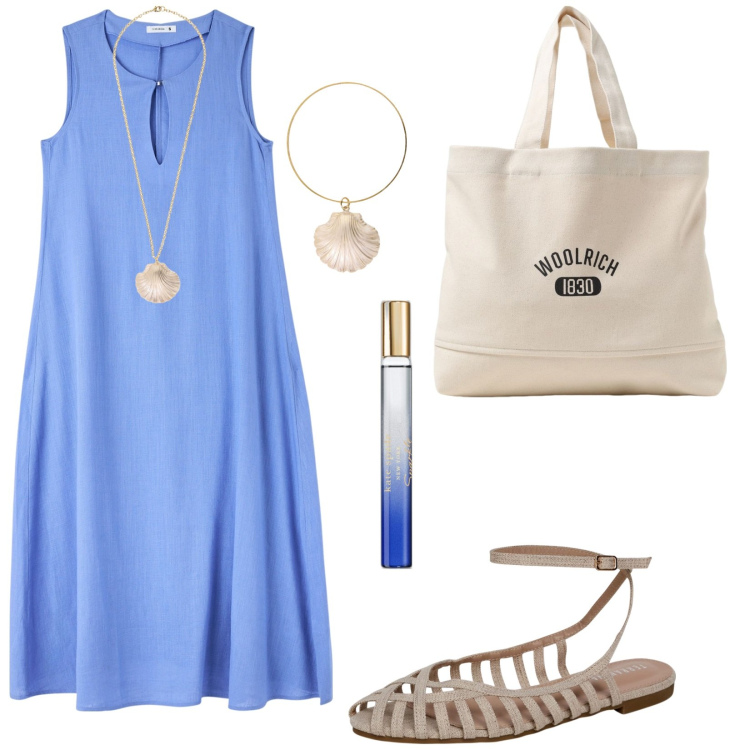 Outfit donna - Abito di lino carta da zucchero. Stile Casual per Tutti i giorni. Abbinamento con profumi, vestiti senza maniche, ballerine, collane, braccialetti, borse tote.