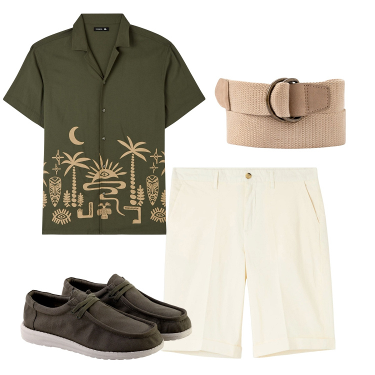 Outfit uomo - La camicia stampata. Stile Trendy per Tutti i giorni. Abbinamento con bermuda, camicie a manica corta, scarpe stringate, cinture.