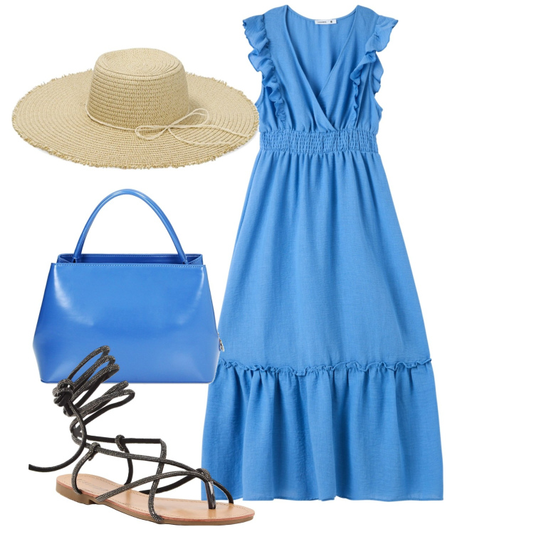 Outfit donna - Un pomeriggio tutto azzurro. Stile Romantica per Tutti i giorni. Abbinamento con vestiti lunghi, sandali alla schiava, borse a mano, cappelli.