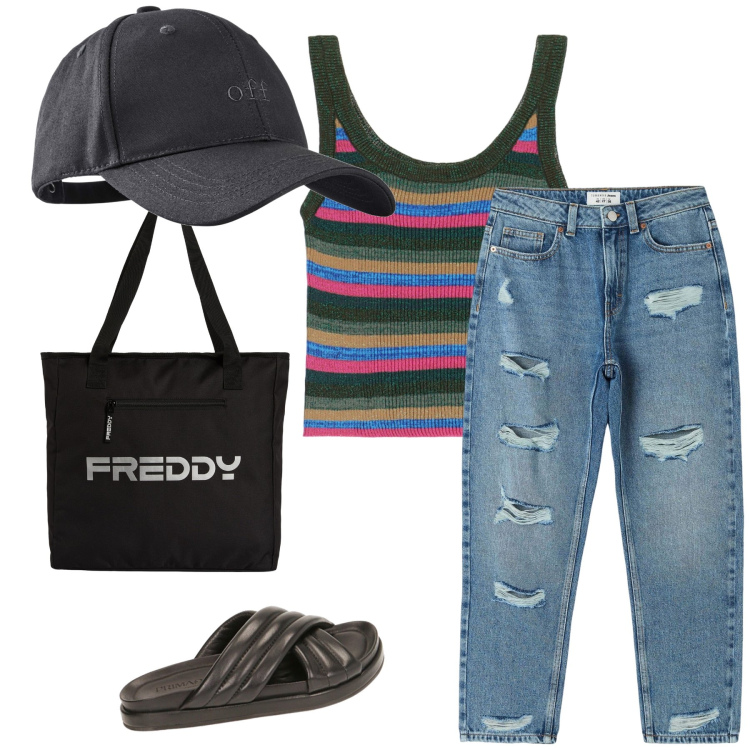 Outfit donna - Young total look. Stile Basic per Tutti i giorni. Abbinamento con cappelli con visiera, jeans mom, maglieria, shopping bag, ciabatte.