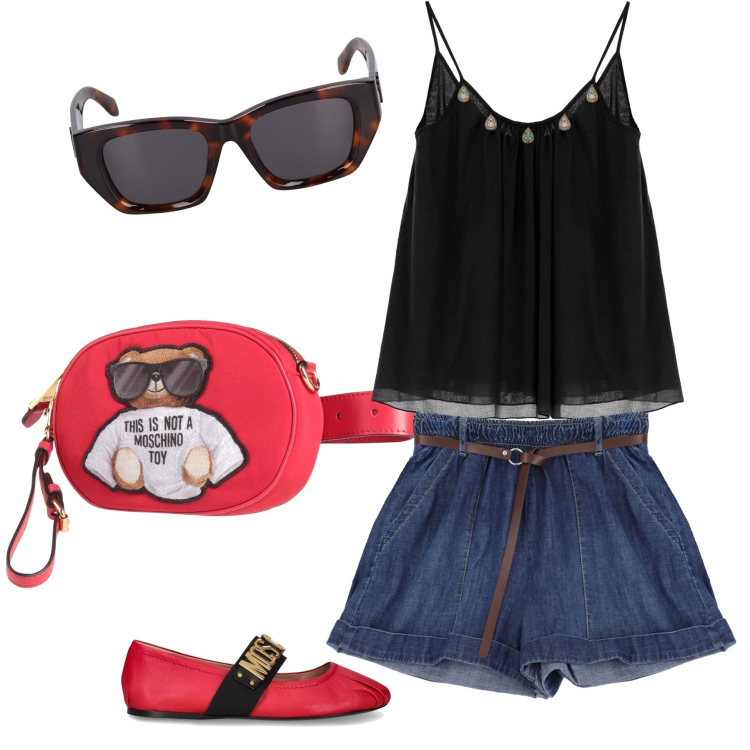 Outfit donna - Adorabile marsupio. Stile Casual chic per Tutti i giorni. Abbinamento con marsupi, shorts, canottiere, ballerine, occhiali da sole.