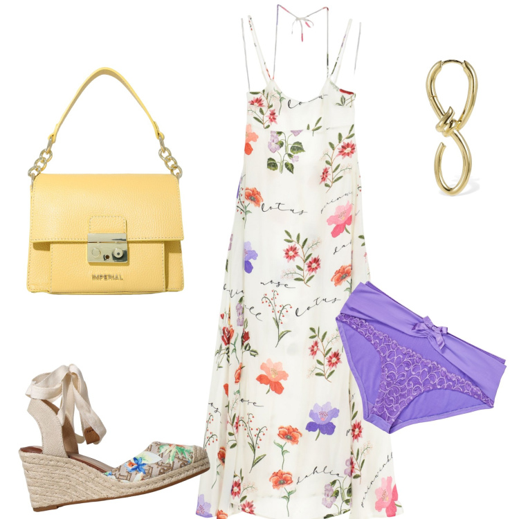 Outfit donna - Happy hour happy look. Stile Glamour per Serata fuori. Abbinamento con culotte, pochette, vestiti lunghi, orecchini, zeppe.