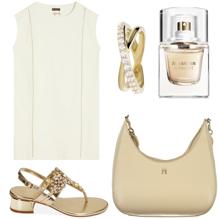 Outfit donna - Tubino minimal. Stile Minimal per Serata fuori. Abbinamento con profumi, anelli, ciabatte, vestiti corti, borse a tracolla.