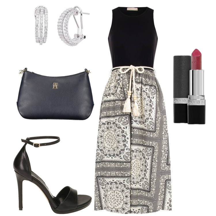 Outfit donna - A cena. Stile Chic per Serata fuori. Abbinamento con rossetti, orecchini, vestiti lunghi, sandali col tacco, borse a tracolla.