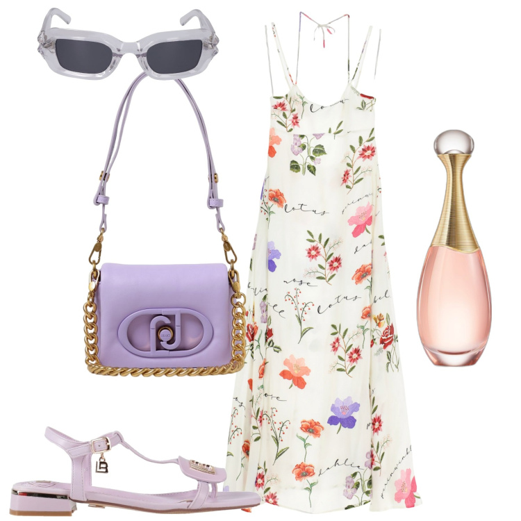 Outfit donna - Freschezza. Stile Romantica per Tutti i giorni. Abbinamento con sandali, profumi, vestiti lunghi, occhiali da sole, borse a spalla.