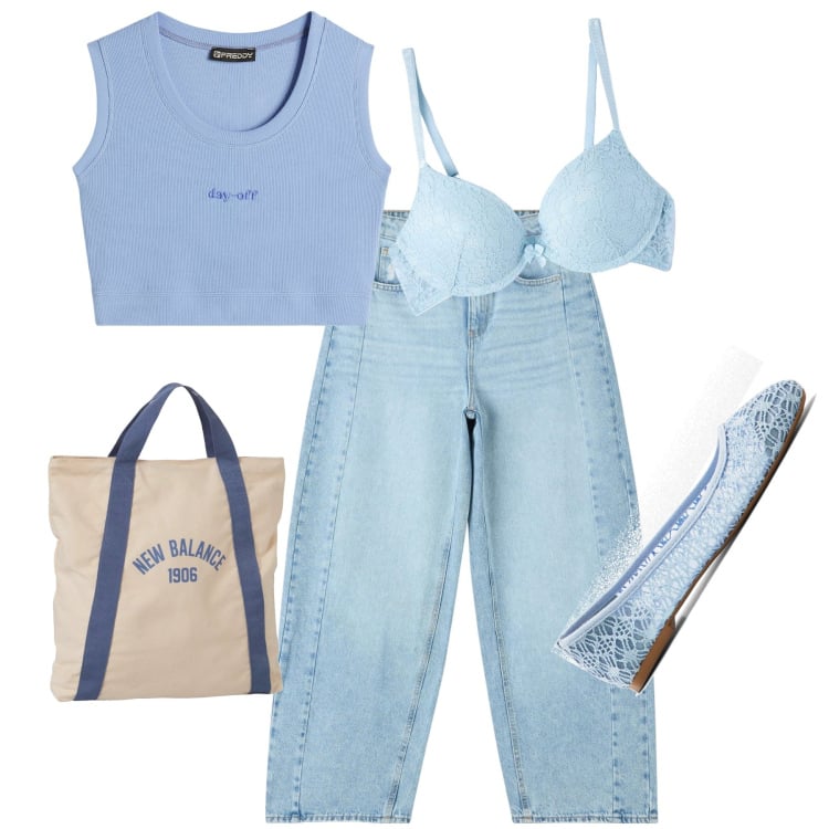 Outfit donna - Blue jeans. Stile Casual chic per Tutti i giorni. Abbinamento con ballerine, jeans, reggiseni push-up, borse a mano, top.