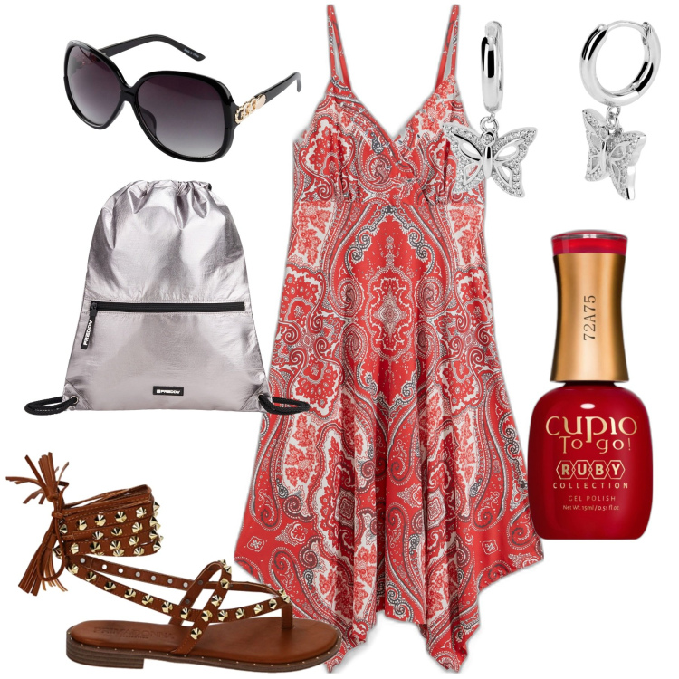 Outfit donna - Mare. Stile Etnico per Mare. Abbinamento con occhiali da sole, vestiti, smalti, orecchini, zaini, sandali.