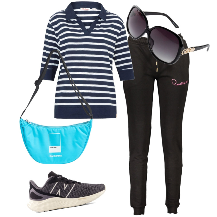 Outfit donna - Il marsupio colorato. Stile Basic per Tutti i giorni. Abbinamento con polo, occhiali da sole, marsupi, sneakers, pantaloni.