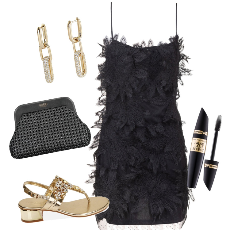 Outfit donna - Sandalo gioiello. Stile Glamour per Serata fuori. Abbinamento con mascara, orecchini, vestiti senza maniche, ciabatte, borse a mano.