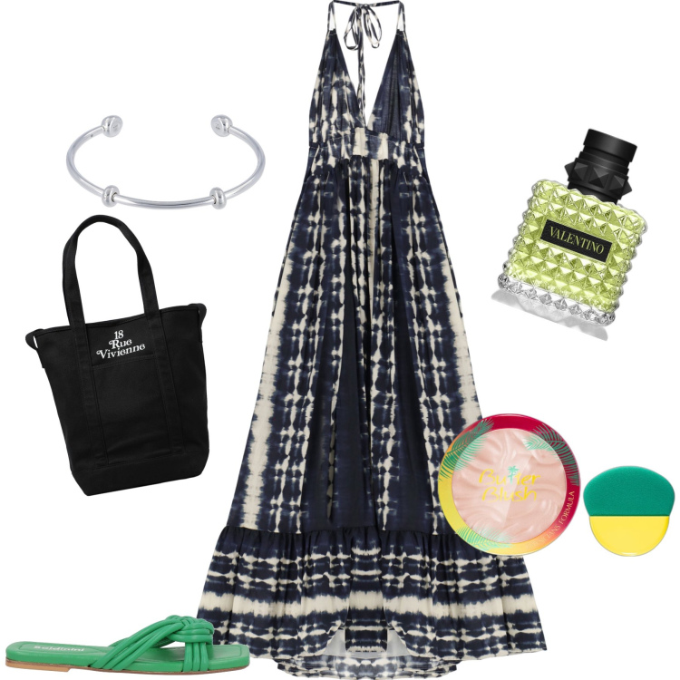 Outfit donna - Al mare di sera. Stile Trendy per Serata fuori. Abbinamento con sandali, profumi, blush, vestiti lunghi, braccialetti, borse a spalla.
