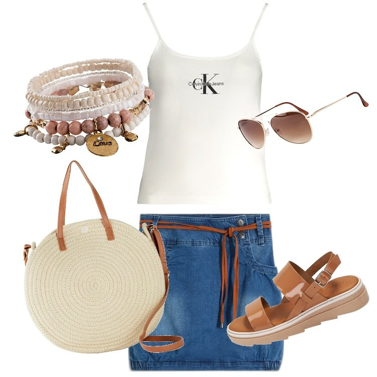 Outfit donna - Serata in riva al mare.... Stile Minimal per Serata fuori. Abbinamento con braccialetti, minigonne, occhiali da sole, borse a tracolla, sandali in pelle, canottiere.