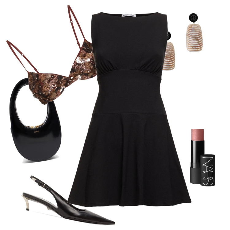 Outfit donna - Con il LBD sempre sicura. Stile Chic per Serata fuori. Abbinamento con blush, vestiti corti, borse a mano, décolleté, reggiseni, orecchini.