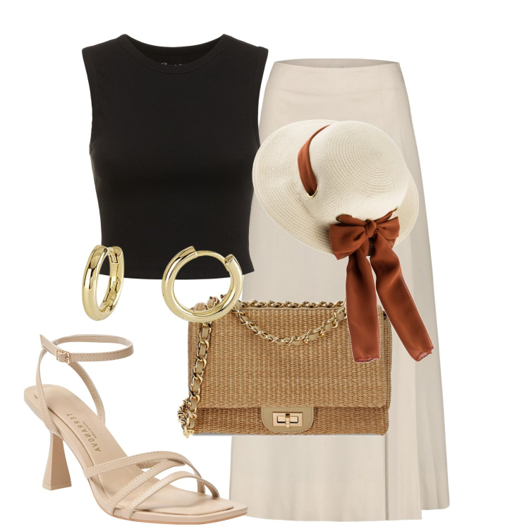 Outfit donna - Style in b&w. Stile Romantica per Tutti i giorni. Abbinamento con cappelli, sandali col tacco, orecchini, borse a tracolla, gonne longuette, canottiere.