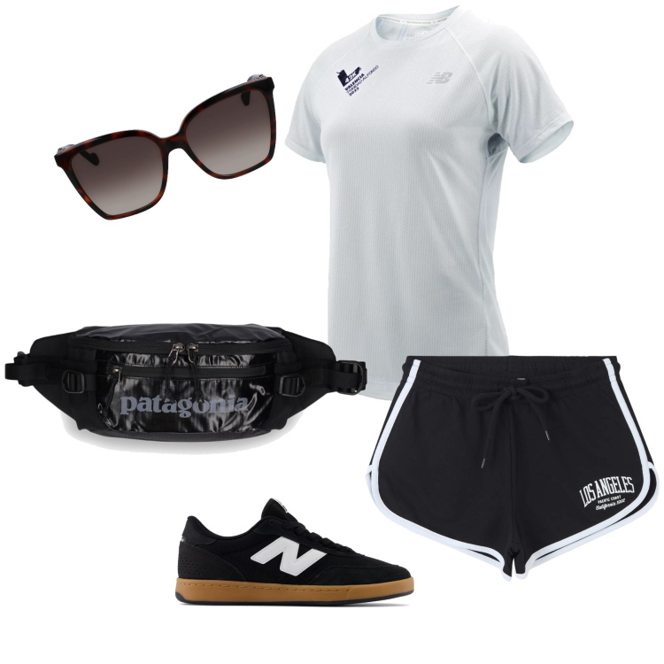 Outfit donna - Sano sport. Stile Basic per Sport. Abbinamento con shorts, sneakers, maglieria, occhiali da sole, marsupi.