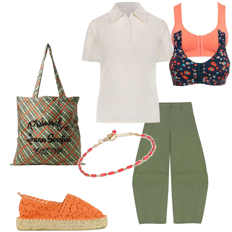 Outfit donna - Total look. Stile Casual chic per Tutti i giorni. Abbinamento con reggiseni, pantaloni, espadrillas, braccialetti, polo, borse a mano.