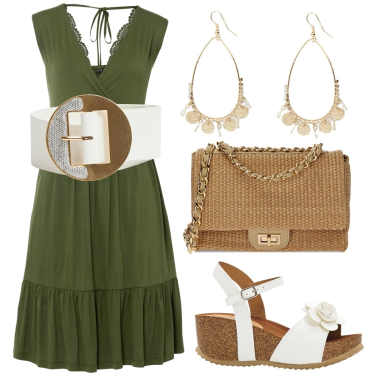 Outfit donna - Abito fresco. Stile Etnico per Serata fuori. Abbinamento con vestiti, sandali, cinture, orecchini, borse a tracolla.