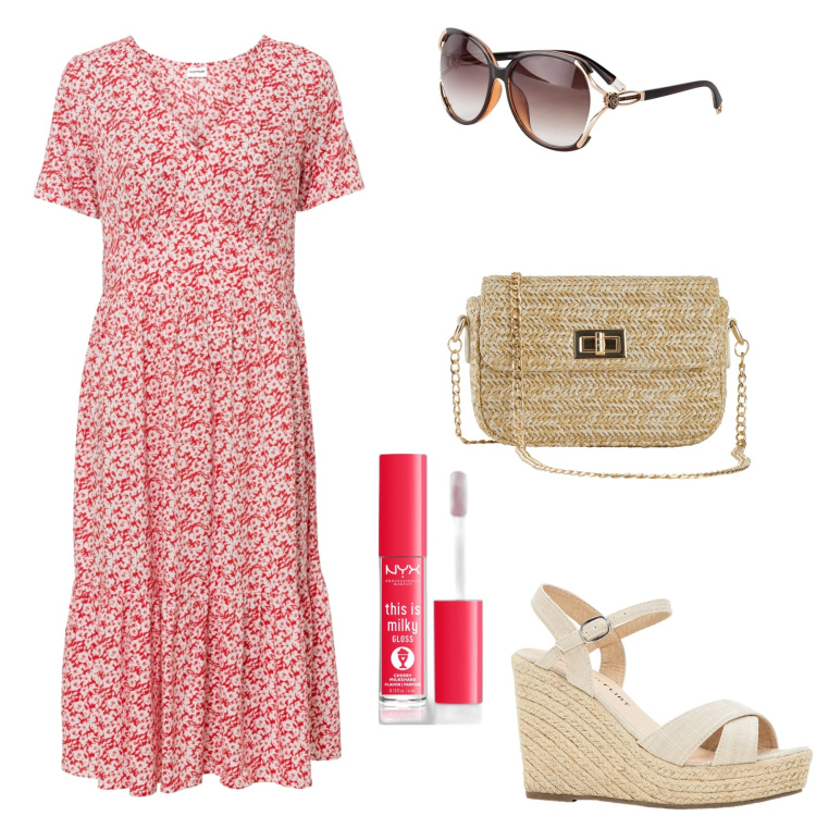 Outfit donna - La zeppa in corda. Stile Boho per Ufficio. Abbinamento con sandali, occhiali da sole, vestiti, borse a mano, gloss.