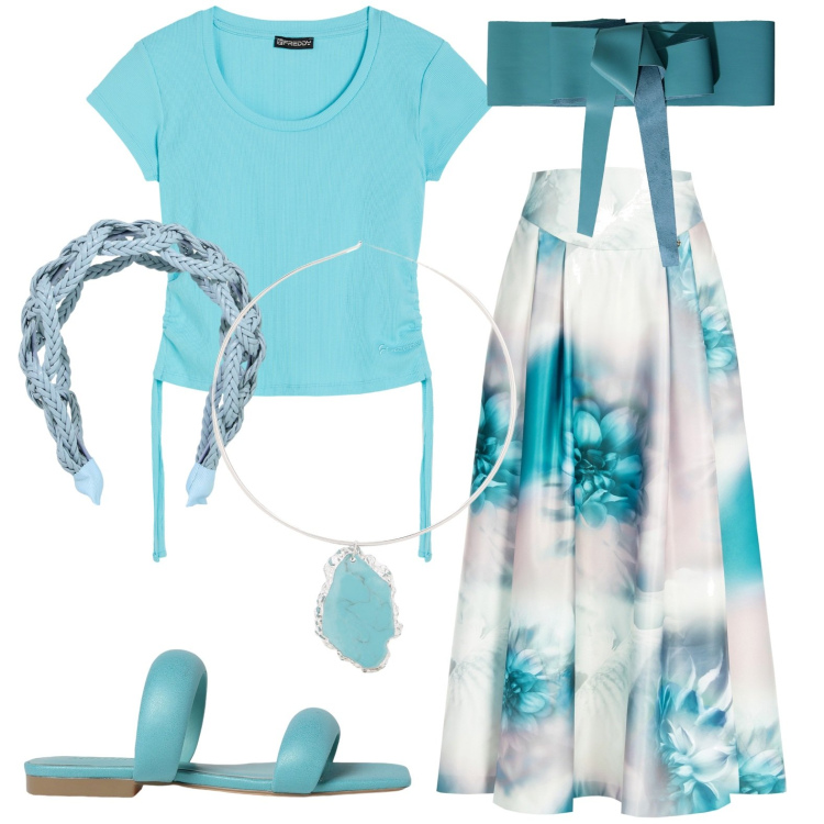 Outfit donna - Total look #1914234. Stile Casual per Tutti i giorni. Abbinamento con gonne lunghe, cinture, ciondoli, fasce per capelli, t-shirt, sandali in pelle.