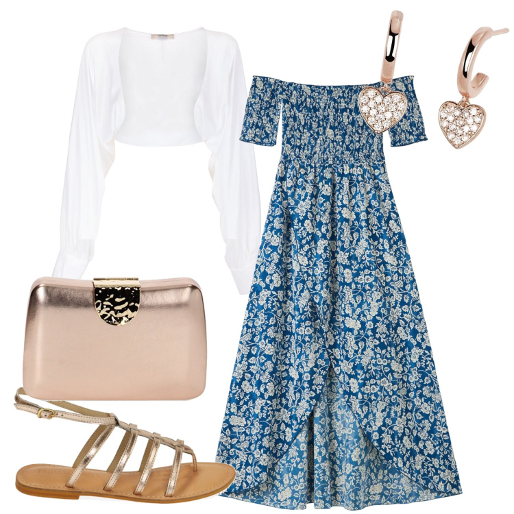 Outfit donna - Un copri spalle per stasera. Stile Romantica per Serata fuori. Abbinamento con vestiti lunghi, orecchini, blazer, clutch, sandali in pelle.