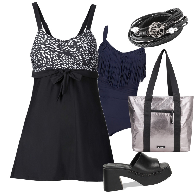 Outfit donna - Spiaggia a tarda sera. Stile Trendy per Mare. Abbinamento con braccialetti, vestiti da spiaggia, costumi interi, shopping bag, zoccoli.