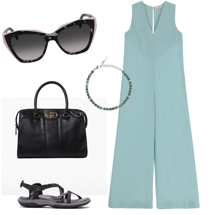 Outfit donna - City. Stile Urban per Tutti i giorni. Abbinamento con sandali, braccialetti, tute, occhiali da sole, borse a mano.