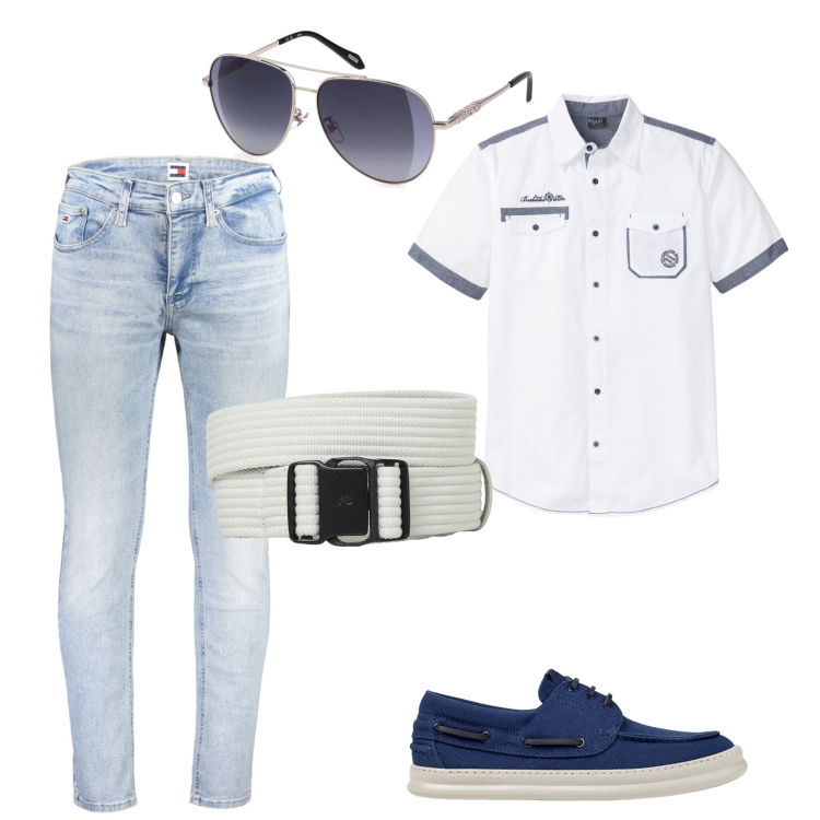 Outfit uomo - In ufficio. Stile Casual per Ufficio. Abbinamento con camicie a manica corta, jeans, occhiali da sole, scarpe stringate, cinture.