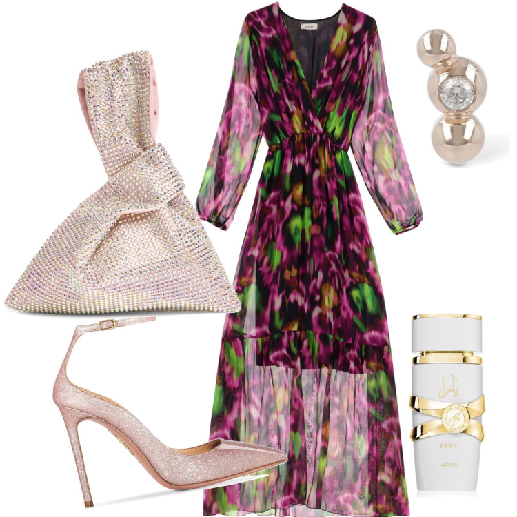 Outfit donna - Cerimonia di sabato. Stile Chic per Cerimonia. Abbinamento con profumi, vestiti lunghi, décolleté, borse a mano, orecchini.