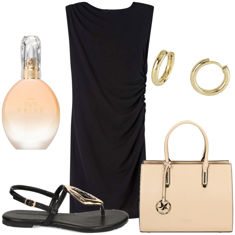 Outfit donna - Tubino nero passepartout. Stile Casual chic per Tutti i giorni. Abbinamento con profumi, vestiti a tubino, orecchini, borse a mano, sandali.