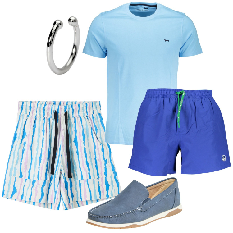 Outfit uomo - Azzurro mare. Stile Casual per Mare. Abbinamento con bermuda, scarpe stringate, orecchini, t-shirt, costumi.