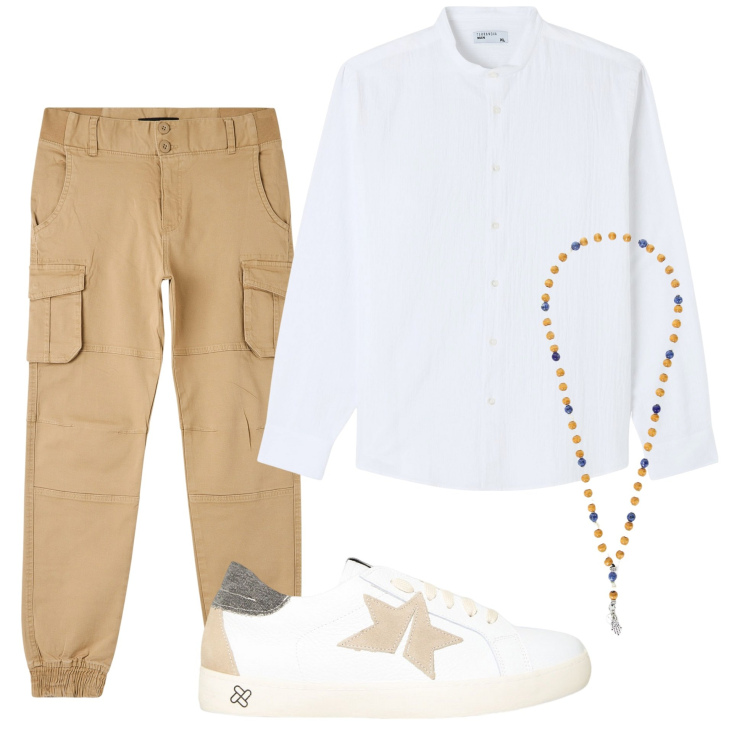 Outfit uomo - Total look #1914301. Stile Trendy per Tutti i giorni. Abbinamento con camicie, pantaloni cargo, sneakers, collane.