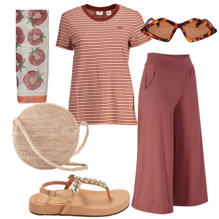 Outfit donna - Total look #1914312. Stile Casual per Tutti i giorni. Abbinamento con pantaloni culotte, borse a tracolla, ciabatte, t-shirt, foulard, occhiali da sole.