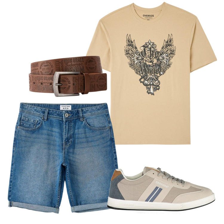 Outfit uomo - Jeans estate. Stile Casual per Tutti i giorni. Abbinamento con cinture, t-shirt, bermuda, sneakers.
