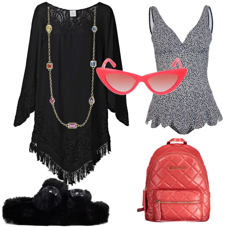 Outfit donna - Total look #1914323. Stile Casual per Mare. Abbinamento con vestiti da spiaggia, costumi interi, collane, ciabatte, zaini, occhiali da sole.