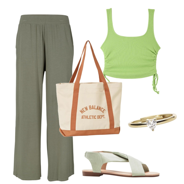Outfit donna - Passeggiata lungolago. Stile Casual chic per Tutti i giorni. Abbinamento con pantaloni, sandali, top, anelli, borse tote.