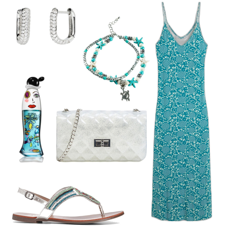 Outfit donna - Serata fresh. Stile Romantica per Serata fuori. Abbinamento con ciabatte, vestiti, collane, profumi, borse a tracolla, orecchini.