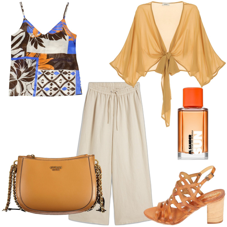 Outfit donna - Tessuti leggeri. Stile Trendy per Tutti i giorni. Abbinamento con pantaloni a palazzo, profumi, sandali col tacco, canottiere, cardigans, borse a spalla.
