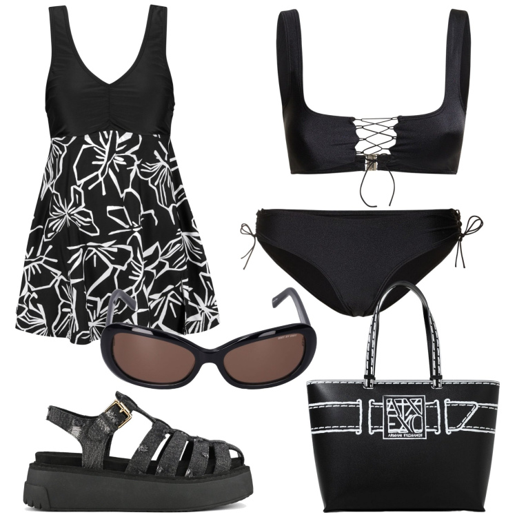 Outfit donna - Total black in spiaggia. Stile Basic per Mare. Abbinamento con vestiti da spiaggia, sandali, borse a spalla, bikini, occhiali da sole, bikini.