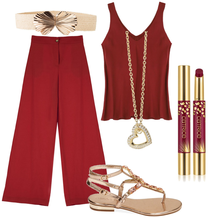 Outfit donna - Cherry e oro all’apericena. Stile Glamour per Serata fuori. Abbinamento con cinture, rossetti, collane, pantaloni a palazzo, canottiere, ciabatte.
