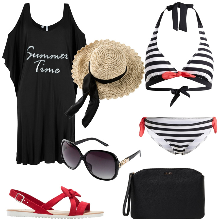 Outfit donna - Il mio bikini per le vacanze. Stile Chic per Mare. Abbinamento con bikini, vestiti da spiaggia, cappelli, occhiali da sole, sandali, clutch.