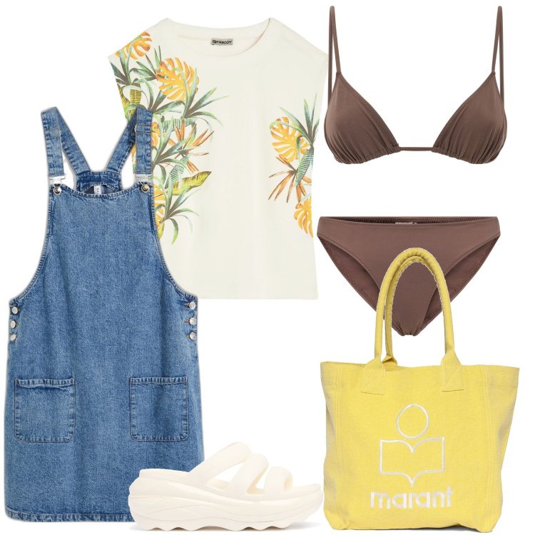 Outfit donna - Serata in spiaggia tra amici. Stile Casual per Mare. Abbinamento con salopette, t-shirt, ciabatte, bikini, shopping bag, bikini.