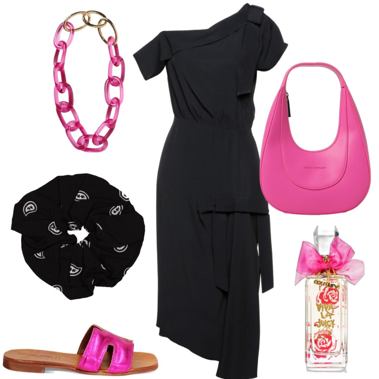 Outfit donna - Total look #1914369. Stile Casual chic per Serata fuori. Abbinamento con vestiti midi/longuette, profumi, sandali in pelle, accessori per capelli, collane, borse a spalla.