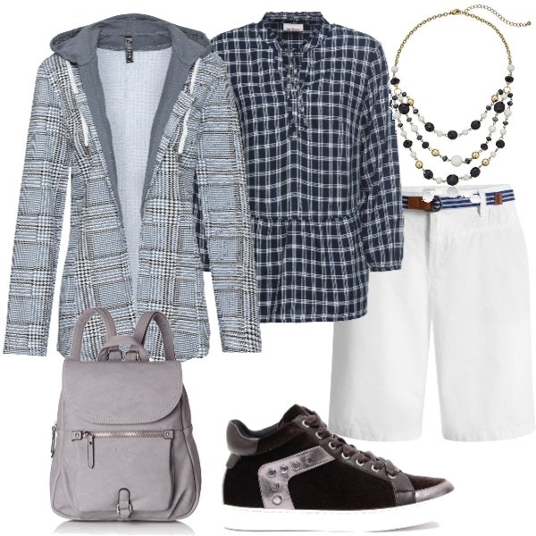 Outfit donna - Basic #17238. Stile Basic per Tutti i giorni. Abbinamento con tunica blu, blazer, cintura bianco, sneakers effetto laminato in velluto, zaini, collana con perline in oro bianco nero.