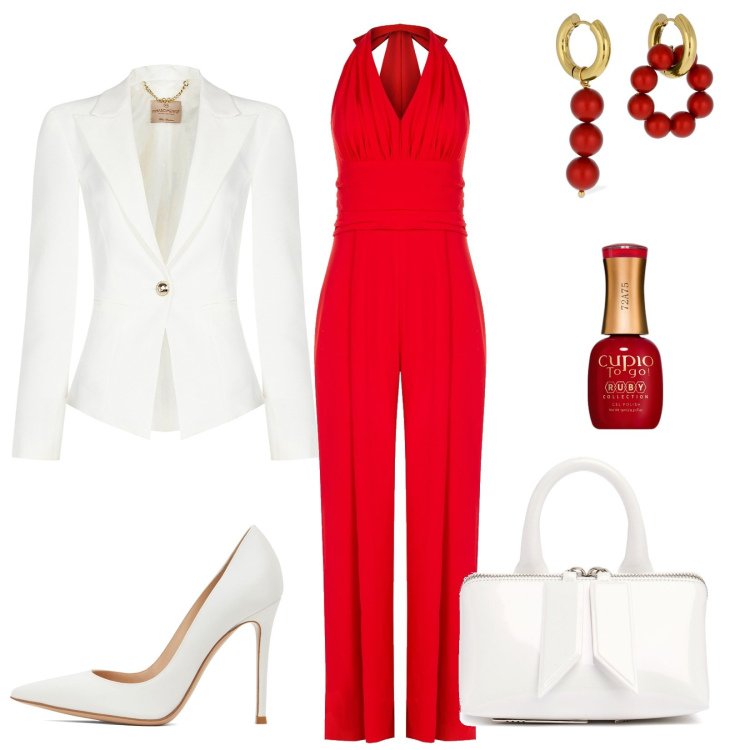Outfit donna - La tuta red cherry. Stile Chic per Serata fuori. Abbinamento con smalti, tute, blazer, décolleté, orecchini, borse a mano.