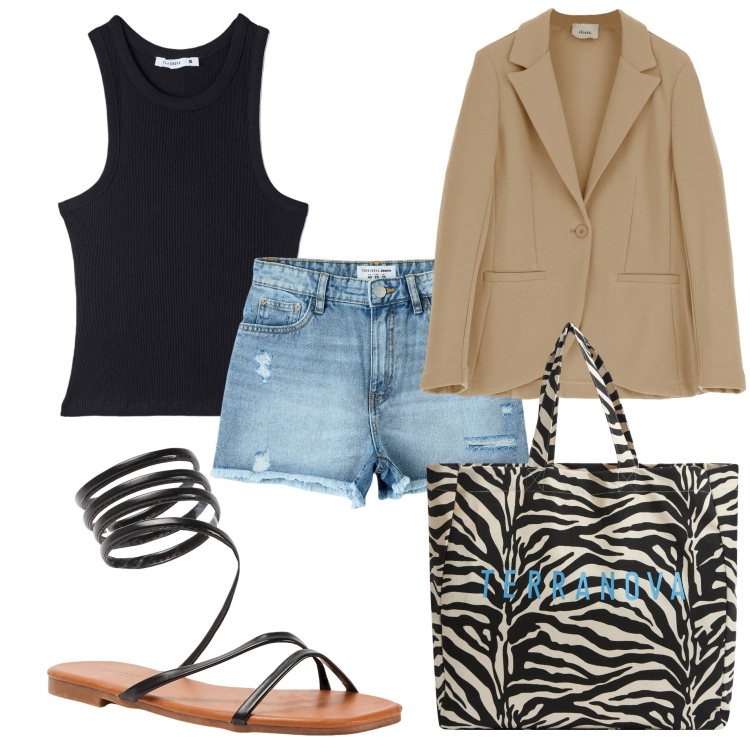 Outfit donna - Aperitivo con le amiche. Stile Casual per Serata fuori. Abbinamento con borse tote, shorts, canottiere, sandali, blazer.